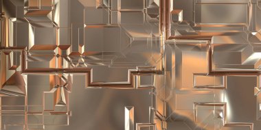 Parlak saten kaplama yüzey teknolojisi 3 boyutlu desen. Lüks yansımalı metal panel dokusu. Arkaplan, duvar kağıdı, uzay gemisi gövdesi için cilalanmış geometrik metal yansıtıcı fütüristik malzeme.