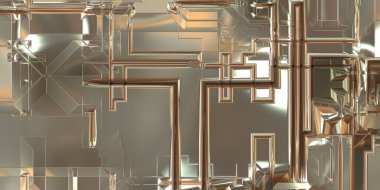 Parlak saten kaplama yüzey teknolojisi 3 boyutlu desen. Lüks yansımalı metal panel dokusu. Arkaplan, duvar kağıdı, uzay gemisi gövdesi için cilalanmış geometrik metal yansıtıcı fütüristik malzeme.