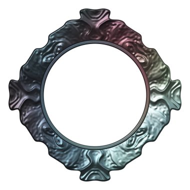 Üç boyutlu metalik illüstrasyon. Beyaz arka planda izole edilmiş fantezi çerçevesi. Davetiyeler, posterler, menü, hatıra defteri ve sunum için mükemmel. Metnin için şablon.