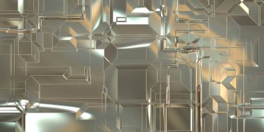 Parlak saten kaplama yüzey teknolojisi 3 boyutlu desen. Lüks yansımalı metal panel dokusu. Arkaplan, duvar kağıdı, uzay gemisi gövdesi için cilalanmış geometrik metal yansıtıcı fütüristik malzeme.