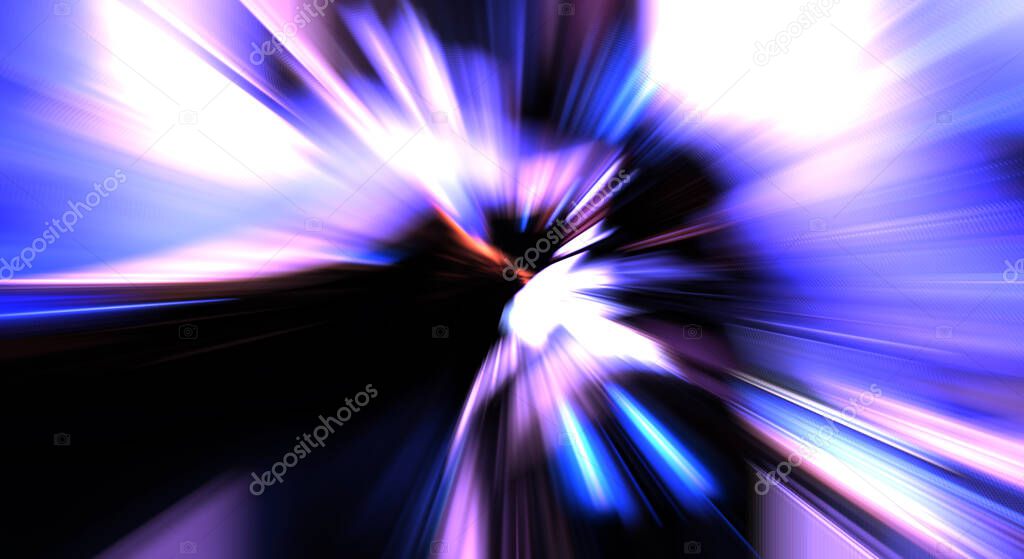 Fast high speed blur zoom background. Light technology abstract wallpaper. Colorful vibrant flashes of light energy. Warped graphic motion background. Dynamic blast flash. Acceleration effect.