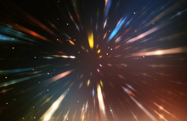 Parlak, canlı ve renkli duvar kağıtları. Parlayan parçacıkları ve çizgileri olan ışık patlaması yıldızı. Güzel soyut ışın arkaplanı.