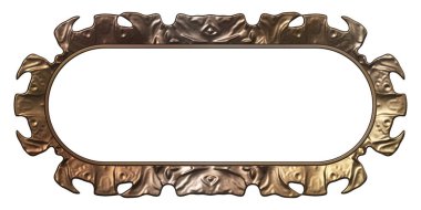 Üç boyutlu metalik illüstrasyon. Beyaz arka planda izole edilmiş fantezi çerçevesi. Davetiyeler, posterler, menü, hatıra defteri ve sunum için mükemmel. Metnin için şablon.