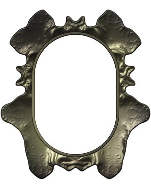 Üç boyutlu metalik illüstrasyon. Beyaz arka planda izole edilmiş fantezi çerçevesi. Davetiyeler, posterler, menü, hatıra defteri ve sunum için mükemmel. Metnin için şablon.