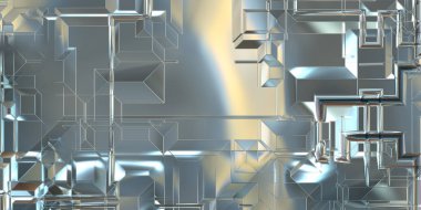 Parlak saten kaplama yüzey teknolojisi 3 boyutlu desen. Lüks yansımalı metal panel dokusu. Arkaplan, duvar kağıdı, uzay gemisi gövdesi için cilalanmış geometrik metal yansıtıcı fütüristik malzeme.