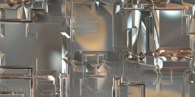 Parlak saten kaplama yüzey teknolojisi 3 boyutlu desen. Lüks yansımalı metal panel dokusu. Arkaplan, duvar kağıdı, uzay gemisi gövdesi için cilalanmış geometrik metal yansıtıcı fütüristik malzeme.