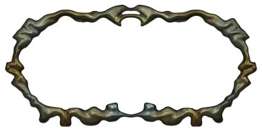 Üç boyutlu metalik illüstrasyon. Beyaz arka planda izole edilmiş fantezi çerçevesi. Davetiyeler, posterler, menü, hatıra defteri ve sunum için mükemmel. Metnin için şablon.