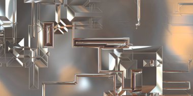 Parlak saten kaplama yüzey teknolojisi 3 boyutlu desen. Lüks yansımalı metal panel dokusu. Arkaplan, duvar kağıdı, uzay gemisi gövdesi için cilalanmış geometrik metal yansıtıcı fütüristik malzeme.