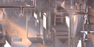 Parlak saten kaplama yüzey teknolojisi 3 boyutlu desen. Lüks yansımalı metal panel dokusu. Arkaplan, duvar kağıdı, uzay gemisi gövdesi için cilalanmış geometrik metal yansıtıcı fütüristik malzeme.