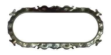 Üç boyutlu metalik illüstrasyon. Beyaz arka planda izole edilmiş fantezi çerçevesi. Davetiyeler, posterler, menü, hatıra defteri ve sunum için mükemmel. Metnin için şablon.