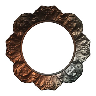 Üç boyutlu metalik illüstrasyon. Beyaz arka planda izole edilmiş fantezi çerçevesi. Davetiyeler, posterler, menü, hatıra defteri ve sunum için mükemmel. Metnin için şablon.