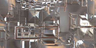 Parlak saten kaplama yüzey teknolojisi 3 boyutlu desen. Lüks yansımalı metal panel dokusu. Arkaplan, duvar kağıdı, uzay gemisi gövdesi için cilalanmış geometrik metal yansıtıcı fütüristik malzeme.