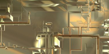 Parlak saten kaplama yüzey teknolojisi 3 boyutlu desen. Lüks yansımalı metal panel dokusu. Arkaplan, duvar kağıdı, uzay gemisi gövdesi için cilalanmış geometrik metal yansıtıcı fütüristik malzeme.