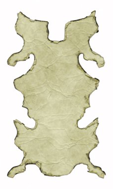 Beyaz arka planda yanmış ve kıvrılmış kenarları olan antik parşömen afişi. Üç boyutlu fantezi illüstrasyonu. Kırışıklıkları ve kıvrımları olan eski bir parşömen. Ortaçağ antik kalkanı. Menü şablonu.