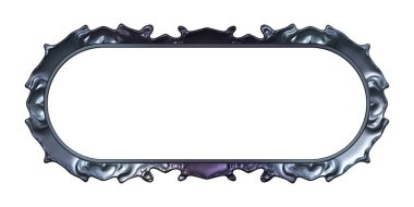 Üç boyutlu metalik illüstrasyon. Beyaz arka planda izole edilmiş fantezi çerçevesi. Davetiyeler, posterler, menü, hatıra defteri ve sunum için mükemmel. Metnin için şablon.