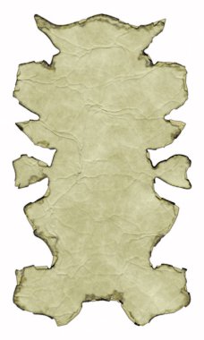 Beyaz arka planda yanmış ve kıvrılmış kenarları olan antik parşömen afişi. Üç boyutlu fantezi illüstrasyonu. Kırışıklıkları ve kıvrımları olan eski bir parşömen. Ortaçağ antik kalkanı. Menü şablonu.