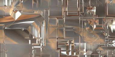 Parlak saten kaplama yüzey teknolojisi 3 boyutlu desen. Lüks yansımalı metal panel dokusu. Arkaplan, duvar kağıdı, uzay gemisi gövdesi için cilalanmış geometrik metal yansıtıcı fütüristik malzeme.