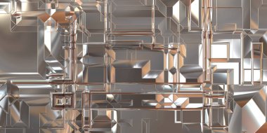 Parlak saten kaplama yüzey teknolojisi 3 boyutlu desen. Lüks yansımalı metal panel dokusu. Arkaplan, duvar kağıdı, uzay gemisi gövdesi için cilalanmış geometrik metal yansıtıcı fütüristik malzeme.
