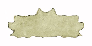 Beyaz arka planda yanmış ve kıvrılmış kenarları olan antik parşömen afişi. Üç boyutlu fantezi illüstrasyonu. Kırışıklıkları ve kıvrımları olan eski bir parşömen. Ortaçağ antik kalkanı. Menü şablonu.