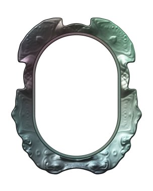 Üç boyutlu metalik illüstrasyon. Beyaz arka planda izole edilmiş fantezi çerçevesi. Davetiyeler, posterler, menü, hatıra defteri ve sunum için mükemmel. Metnin için şablon.