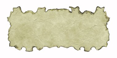 Beyaz arka planda yanmış ve kıvrılmış kenarları olan antik parşömen afişi. Üç boyutlu fantezi illüstrasyonu. Kırışıklıkları ve kıvrımları olan eski bir parşömen. Ortaçağ antik kalkanı. Menü şablonu.