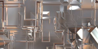 Parlak saten kaplama yüzey teknolojisi 3 boyutlu desen. Lüks yansımalı metal panel dokusu. Arkaplan, duvar kağıdı, uzay gemisi gövdesi için cilalanmış geometrik metal yansıtıcı fütüristik malzeme.