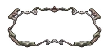 Üç boyutlu metalik illüstrasyon. Beyaz arka planda izole edilmiş fantezi çerçevesi. Davetiyeler, posterler, menü, hatıra defteri ve sunum için mükemmel. Metnin için şablon.