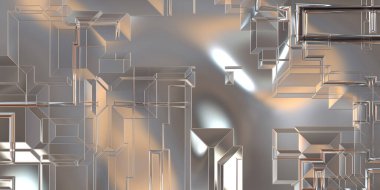 Parlak saten kaplama yüzey teknolojisi 3 boyutlu desen. Lüks yansımalı metal panel dokusu. Arkaplan, duvar kağıdı, uzay gemisi gövdesi için cilalanmış geometrik metal yansıtıcı fütüristik malzeme.