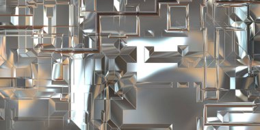 Parlak saten kaplama yüzey teknolojisi 3 boyutlu desen. Lüks yansımalı metal panel dokusu. Arkaplan, duvar kağıdı, uzay gemisi gövdesi için cilalanmış geometrik metal yansıtıcı fütüristik malzeme.