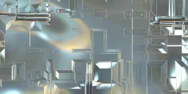 Parlak saten kaplama yüzey teknolojisi 3 boyutlu desen. Lüks yansımalı metal panel dokusu. Arkaplan, duvar kağıdı, uzay gemisi gövdesi için cilalanmış geometrik metal yansıtıcı fütüristik malzeme.