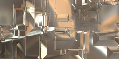 Parlak saten kaplama yüzey teknolojisi 3 boyutlu desen. Lüks yansımalı metal panel dokusu. Arkaplan, duvar kağıdı, uzay gemisi gövdesi için cilalanmış geometrik metal yansıtıcı fütüristik malzeme.