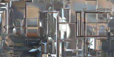 Parlak saten kaplama yüzey teknolojisi 3 boyutlu desen. Lüks yansımalı metal panel dokusu. Arkaplan, duvar kağıdı, uzay gemisi gövdesi için cilalanmış geometrik metal yansıtıcı fütüristik malzeme.