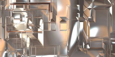 Parlak saten kaplama yüzey teknolojisi 3 boyutlu desen. Lüks yansımalı metal panel dokusu. Arkaplan, duvar kağıdı, uzay gemisi gövdesi için cilalanmış geometrik metal yansıtıcı fütüristik malzeme.