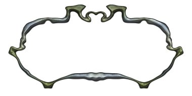 Üç boyutlu metalik illüstrasyon. Beyaz arka planda izole edilmiş fantezi çerçevesi. Davetiyeler, posterler, menü, hatıra defteri ve sunum için mükemmel. Metnin için şablon.