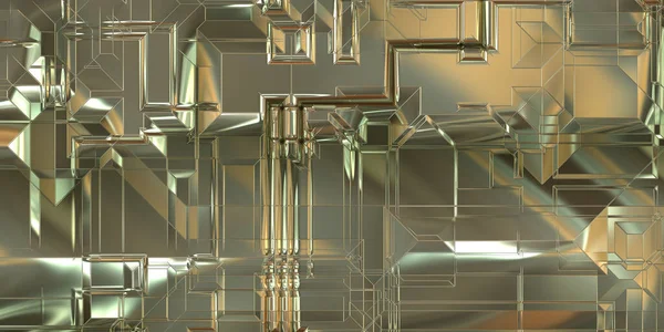 Parlak saten kaplama yüzey teknolojisi 3 boyutlu desen. Lüks yansımalı metal panel dokusu. Arkaplan, duvar kağıdı, uzay gemisi gövdesi için cilalanmış geometrik metal yansıtıcı fütüristik malzeme.