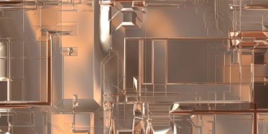 Parlak saten kaplama yüzey teknolojisi 3 boyutlu desen. Lüks yansımalı metal panel dokusu. Arkaplan, duvar kağıdı, uzay gemisi gövdesi için cilalanmış geometrik metal yansıtıcı fütüristik malzeme.