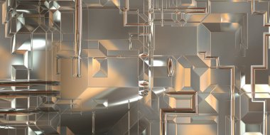 Parlak saten kaplama yüzey teknolojisi 3 boyutlu desen. Lüks yansımalı metal panel dokusu. Arkaplan, duvar kağıdı, uzay gemisi gövdesi için cilalanmış geometrik metal yansıtıcı fütüristik malzeme.