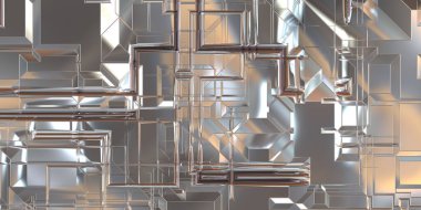 Parlak saten kaplama yüzey teknolojisi 3 boyutlu desen. Lüks yansımalı metal panel dokusu. Arkaplan, duvar kağıdı, uzay gemisi gövdesi için cilalanmış geometrik metal yansıtıcı fütüristik malzeme.