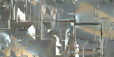 Parlak saten kaplama yüzey teknolojisi 3 boyutlu desen. Lüks yansımalı metal panel dokusu. Arkaplan, duvar kağıdı, uzay gemisi gövdesi için cilalanmış geometrik metal yansıtıcı fütüristik malzeme.
