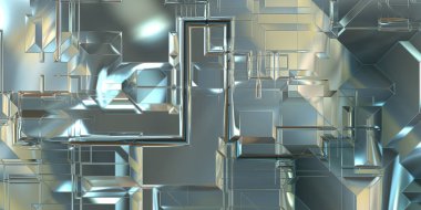 Parlak saten kaplama yüzey teknolojisi 3 boyutlu desen. Lüks yansımalı metal panel dokusu. Arkaplan, duvar kağıdı, uzay gemisi gövdesi için cilalanmış geometrik metal yansıtıcı fütüristik malzeme.