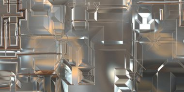 Parlak saten kaplama yüzey teknolojisi 3 boyutlu desen. Lüks yansımalı metal panel dokusu. Arkaplan, duvar kağıdı, uzay gemisi gövdesi için cilalanmış geometrik metal yansıtıcı fütüristik malzeme.