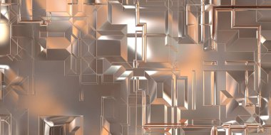 Parlak saten kaplama yüzey teknolojisi 3 boyutlu desen. Lüks yansımalı metal panel dokusu. Arkaplan, duvar kağıdı, uzay gemisi gövdesi için cilalanmış geometrik metal yansıtıcı fütüristik malzeme.