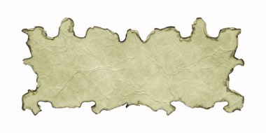 Beyaz arka planda yanmış ve kıvrılmış kenarları olan antik parşömen afişi. Üç boyutlu fantezi illüstrasyonu. Kırışıklıkları ve kıvrımları olan eski bir parşömen. Ortaçağ antik kalkanı. Menü şablonu.