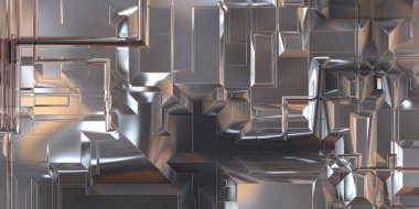 Parlak saten kaplama yüzey teknolojisi 3 boyutlu desen. Lüks yansımalı metal panel dokusu. Arkaplan, duvar kağıdı, uzay gemisi gövdesi için cilalanmış geometrik metal yansıtıcı fütüristik malzeme.