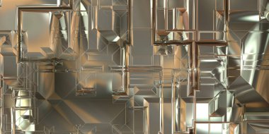 Parlak saten kaplama yüzey teknolojisi 3 boyutlu desen. Lüks yansımalı metal panel dokusu. Arkaplan, duvar kağıdı, uzay gemisi gövdesi için cilalanmış geometrik metal yansıtıcı fütüristik malzeme.