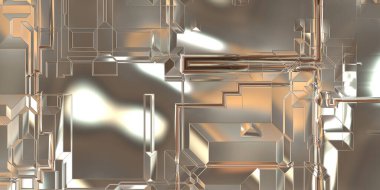 Parlak saten kaplama yüzey teknolojisi 3 boyutlu desen. Lüks yansımalı metal panel dokusu. Arkaplan, duvar kağıdı, uzay gemisi gövdesi için cilalanmış geometrik metal yansıtıcı fütüristik malzeme.
