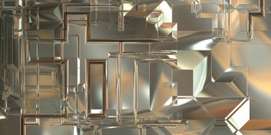 Parlak saten kaplama yüzey teknolojisi 3 boyutlu desen. Lüks yansımalı metal panel dokusu. Arkaplan, duvar kağıdı, uzay gemisi gövdesi için cilalanmış geometrik metal yansıtıcı fütüristik malzeme.