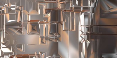 Parlak saten kaplama yüzey teknolojisi 3 boyutlu desen. Lüks yansımalı metal panel dokusu. Arkaplan, duvar kağıdı, uzay gemisi gövdesi için cilalanmış geometrik metal yansıtıcı fütüristik malzeme.