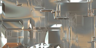 Parlak saten kaplama yüzey teknolojisi 3 boyutlu desen. Lüks yansımalı metal panel dokusu. Arkaplan, duvar kağıdı, uzay gemisi gövdesi için cilalanmış geometrik metal yansıtıcı fütüristik malzeme.