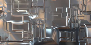Parlak saten kaplama yüzey teknolojisi 3 boyutlu desen. Lüks yansımalı metal panel dokusu. Arkaplan, duvar kağıdı, uzay gemisi gövdesi için cilalanmış geometrik metal yansıtıcı fütüristik malzeme.